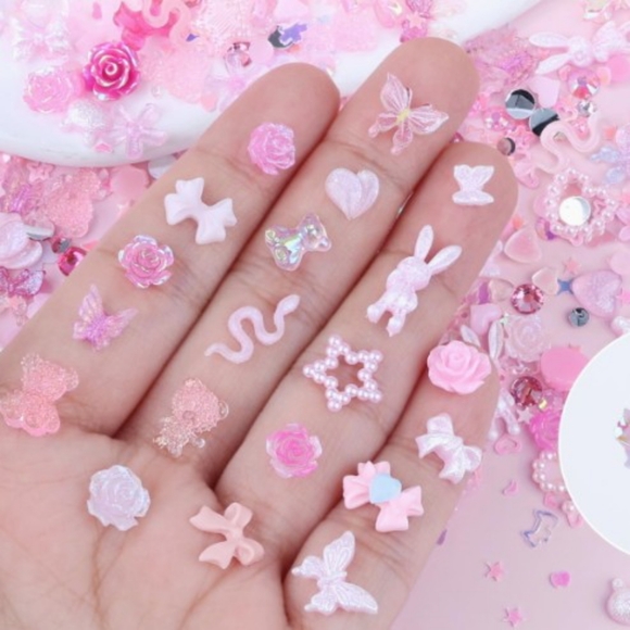 3D Nail Charm Art NEW Pink -100 Mixed Pieces -Rabbit, Butterfly, Rose, Heart Etc - Picture 5 of 8